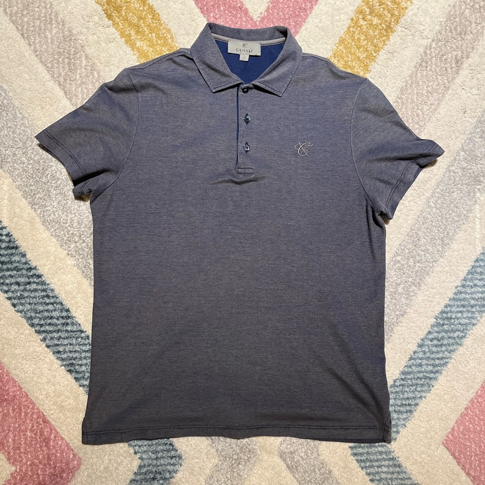 Canali Men's Blue Pique Knit Slim Fit Cotton Short Sleeve Polo size IT 48 Italy